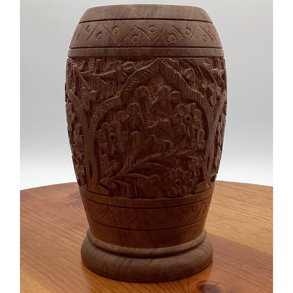 Vintage Hand Carved Floral Wood Vase Made in India IWCI Boho Decorative Vessel